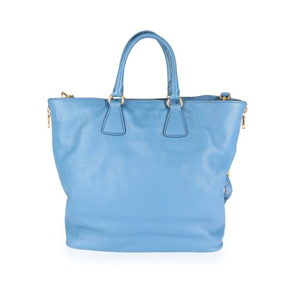 Prada Blue Vitello Daino Calfskin Leather Large Side Zip Convertible Tote - Picture 3 of 9
